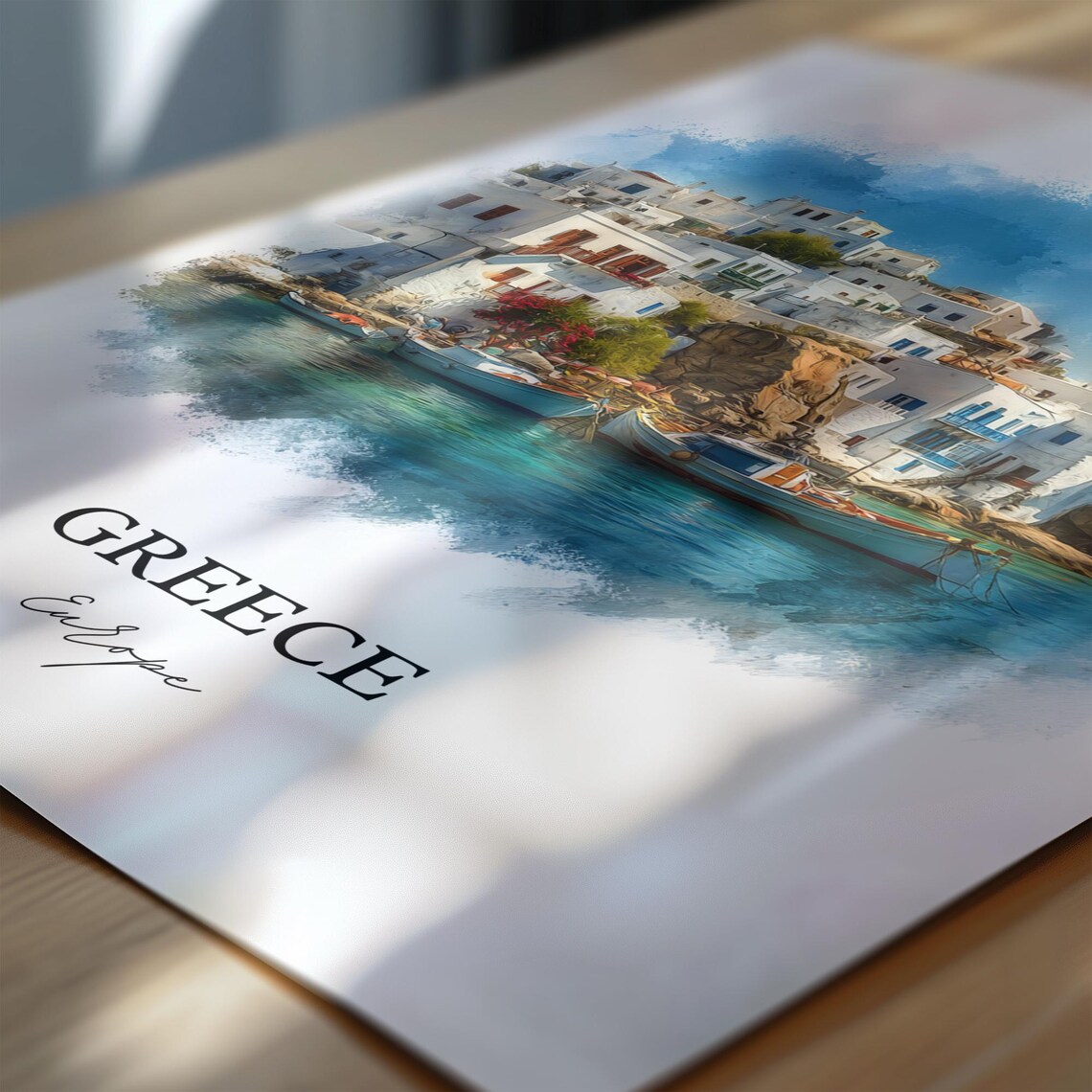 Greece Whitewashed Island Village Watercolor Fishing Boats Poster - Image 4