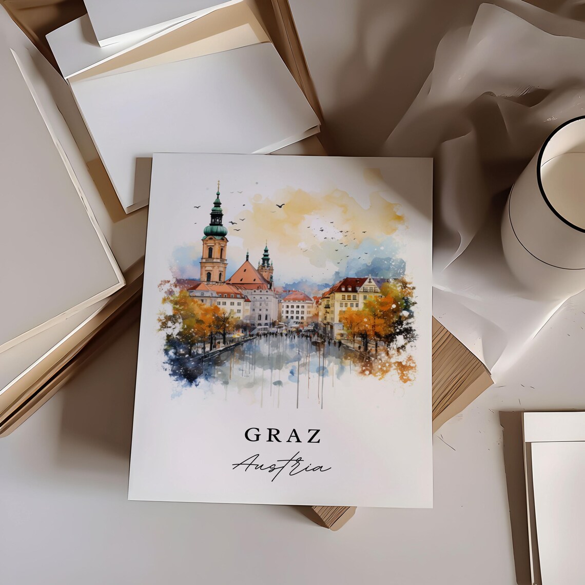 Graz Austria Autumn River Old Town Churches Watercolor Travel Poster - Image 5