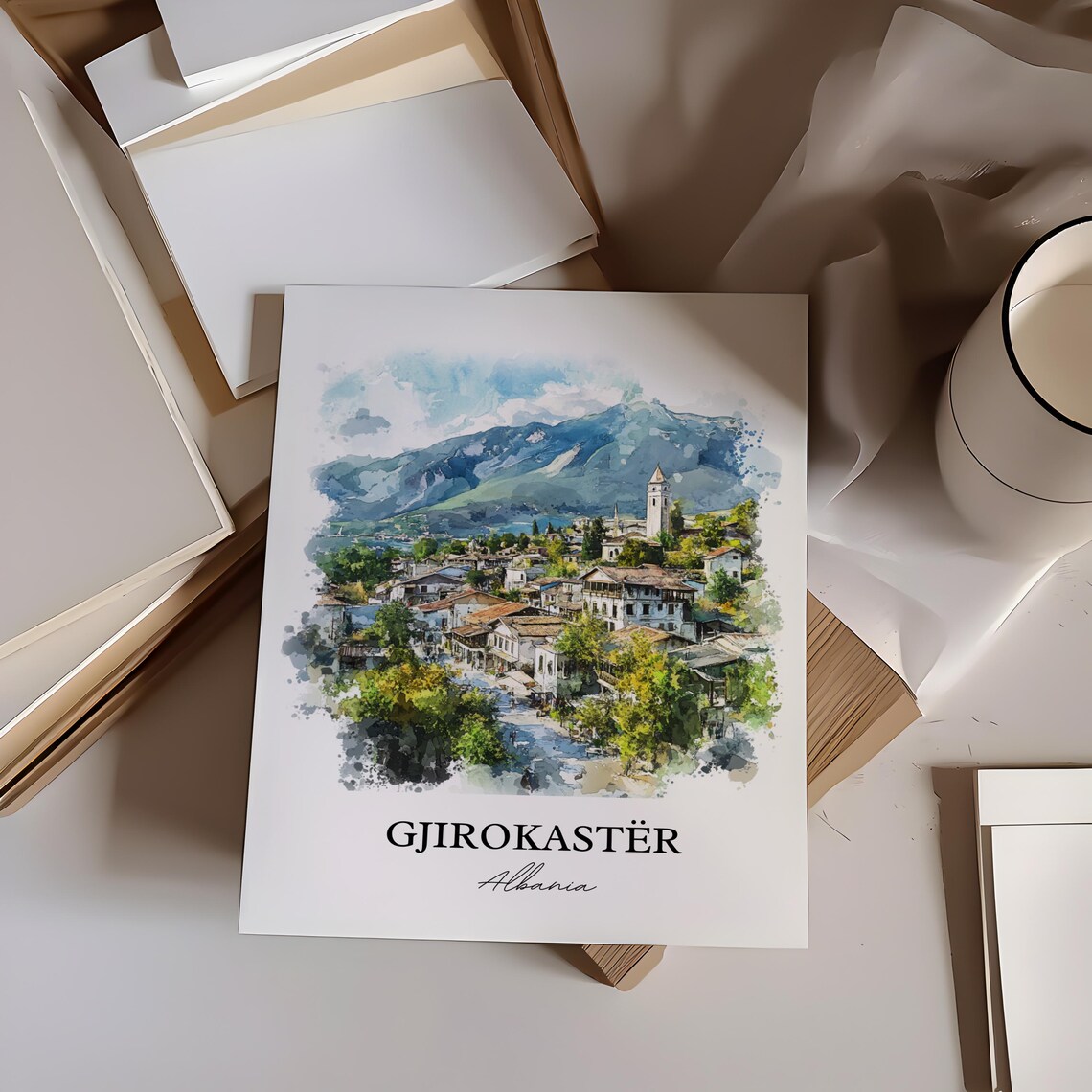 Gjirokastër Albania Historic Hill Town Watercolor Travel Poster - Image 4