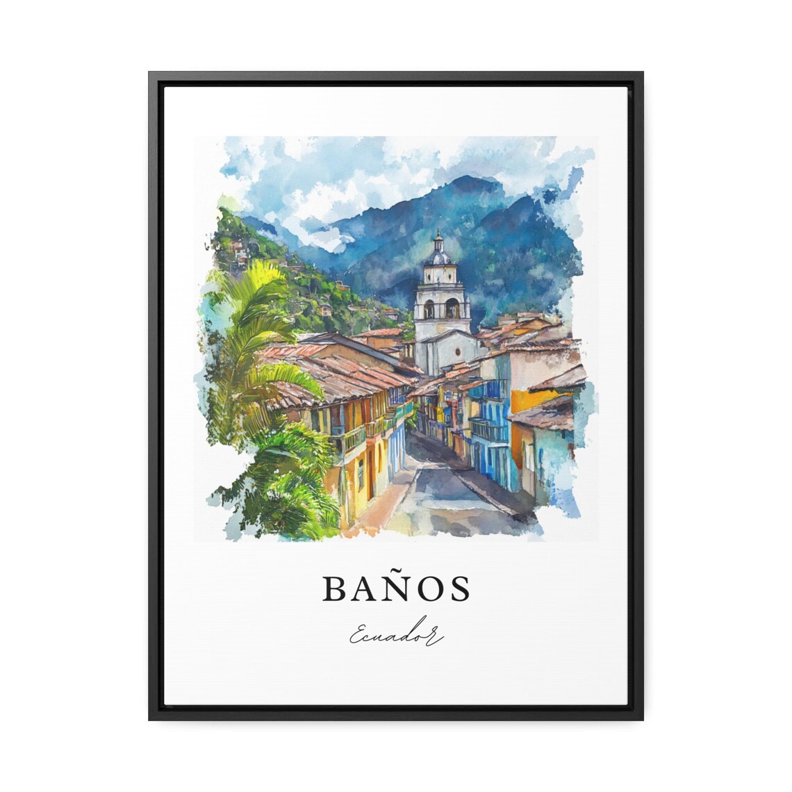 Baños Ecuador Watercolor Mountain Town Church Street Art Poster - Image 3