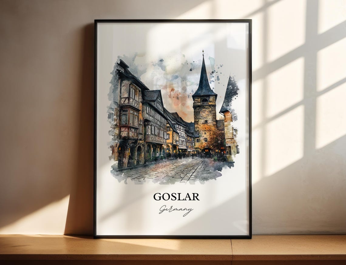 Goslar Germany Medieval Timber Houses Watercolor Travel Poster