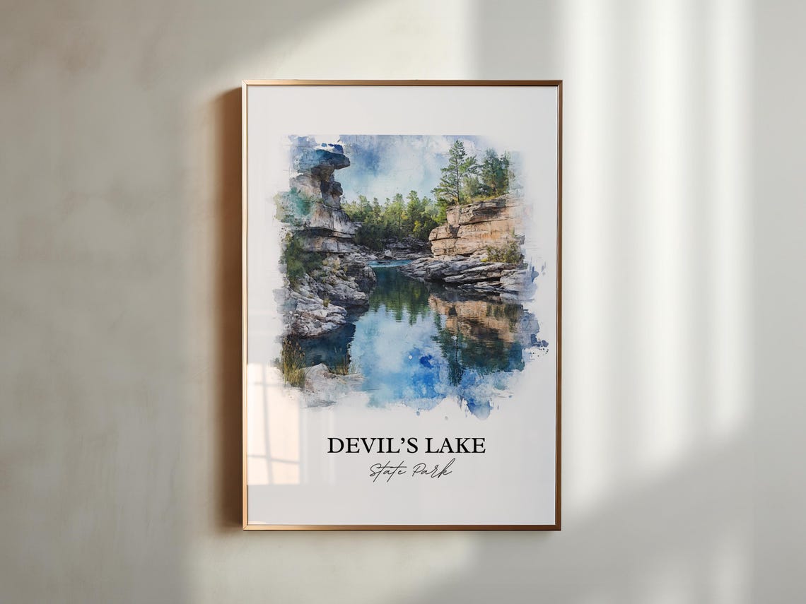 Devil's Lake State Park Watercolor Rocky Cove Cliffs Pine Trees Poster - Image 4