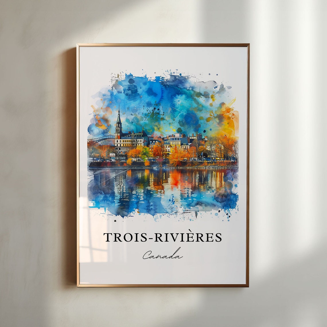 Trois Rivieres Canada Watercolor Waterfront Autumn Reflection Print