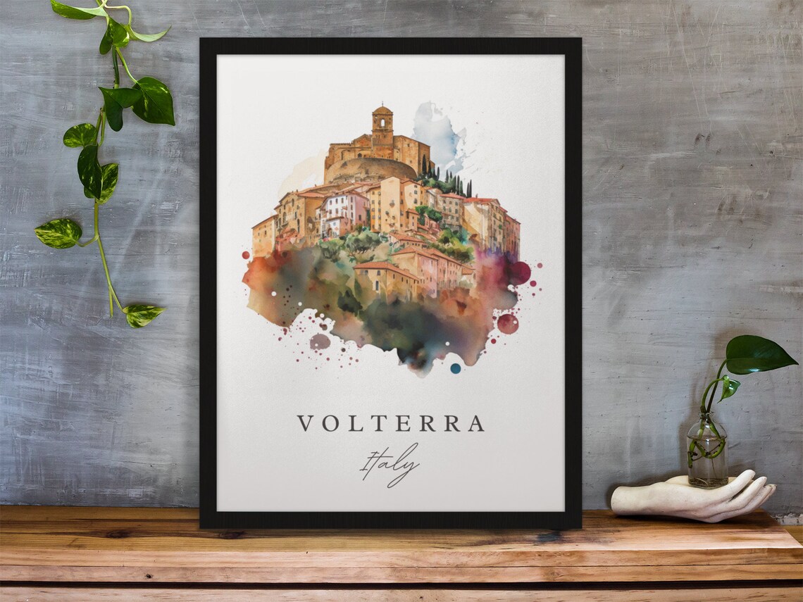 Volterra Italy Golden Tuscan Hilltop Town Watercolor Travel Poster - Image 3