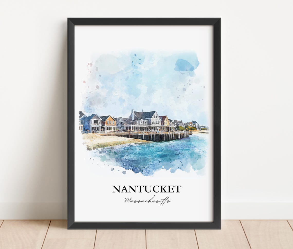 Nantucket Massachusetts Watercolor Waterfront Houses Scene Poster - Image 2