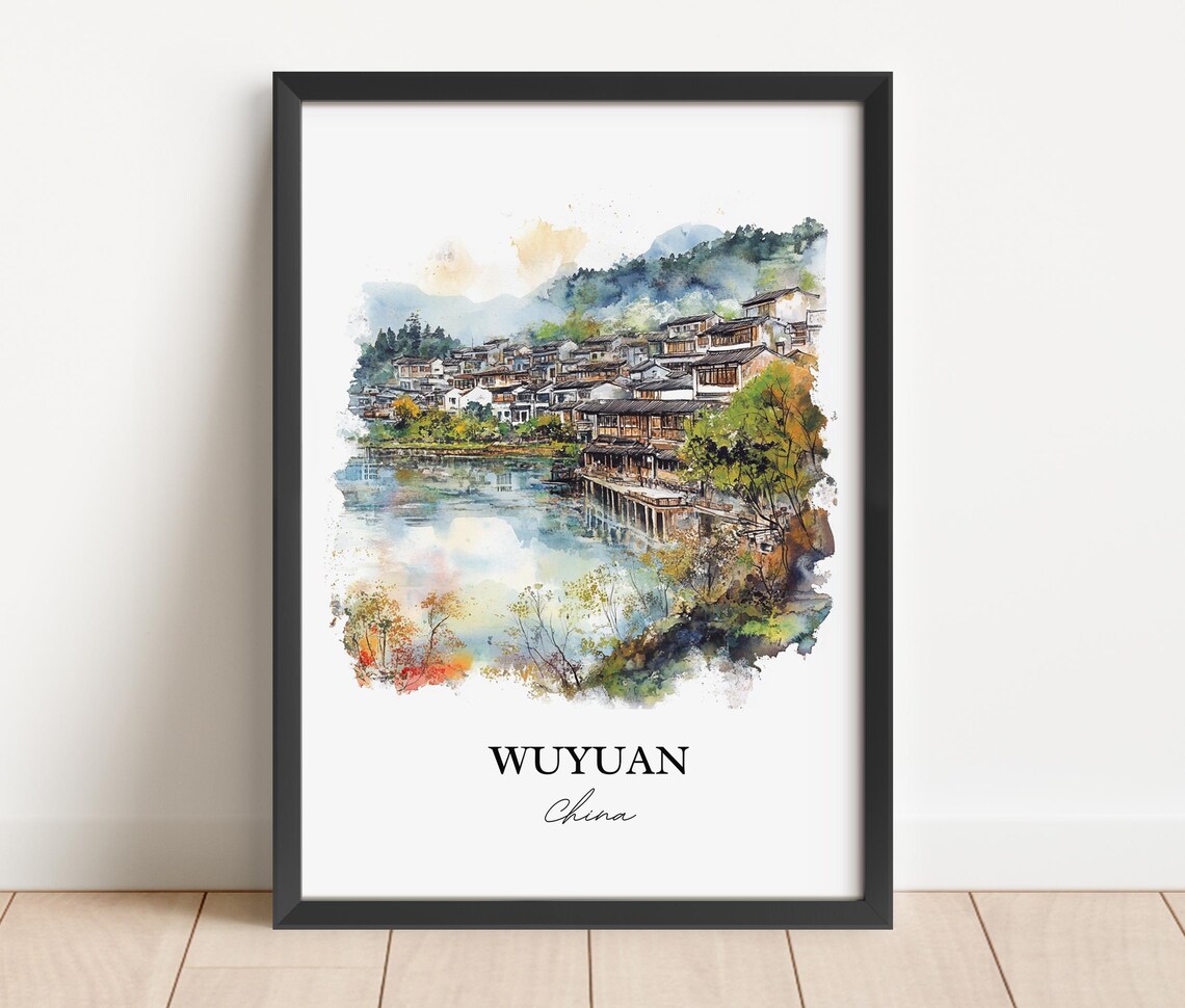 Wuyuan China Watercolor Ancient Water Town Lake Reflection Poster - Image 5