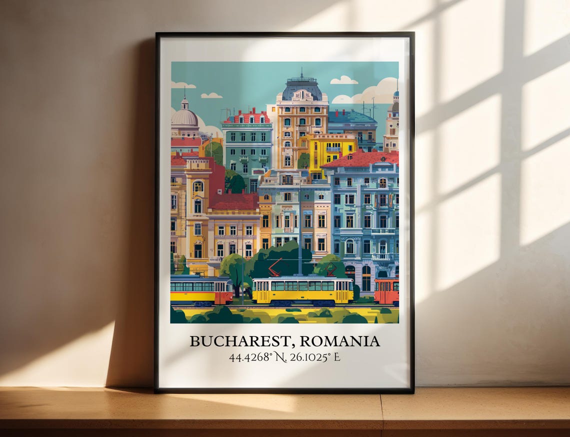Bucharest Romania Historic Center Trams Colorful Travel Poster