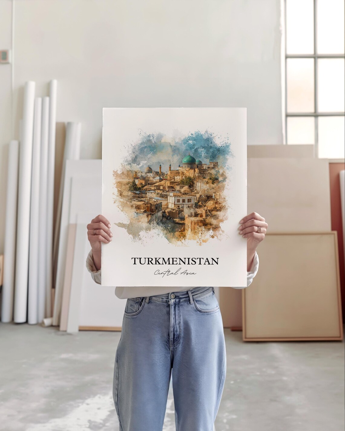 Turkmenistan Central Asia Watercolor Art Desert City Domes Poster - Image 3