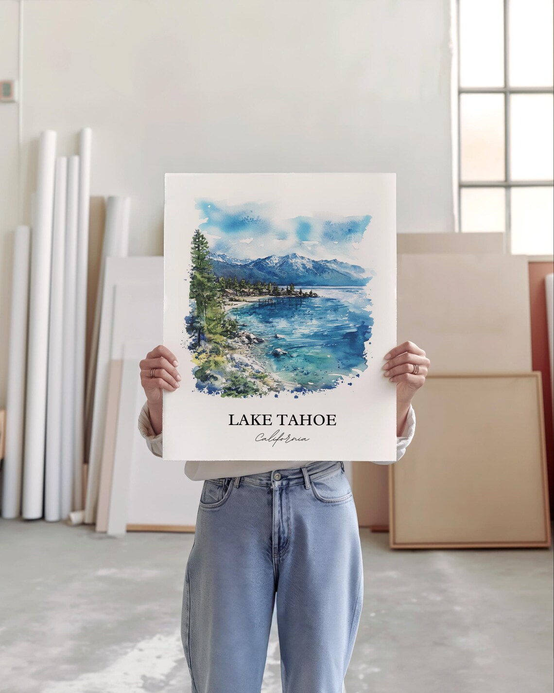 Lake Tahoe California Watercolor Turquoise Water Snow Mountains Poster - Image 3