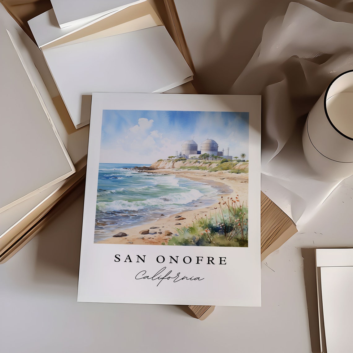 San Onofre California Watercolor Surf Beach Waves Scene Poster - Image 6