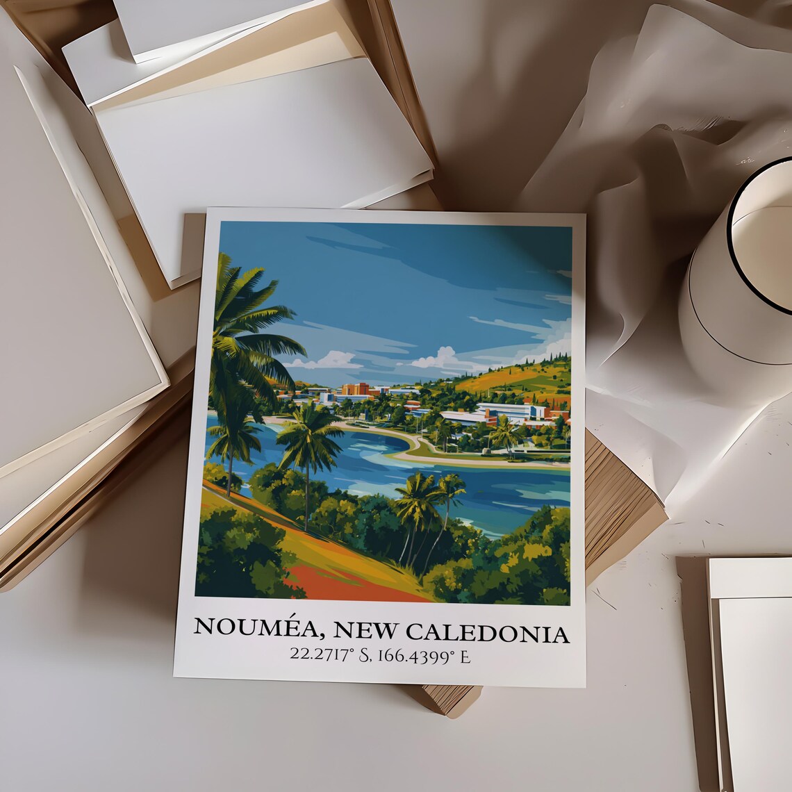 Noumea New Caledonia Palm Bay Tropical Coast Retro Travel Poster - Image 3