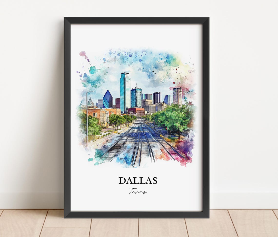 Dallas Texas Skyline Railroad Tracks Watercolor City Art Poster - Image 4