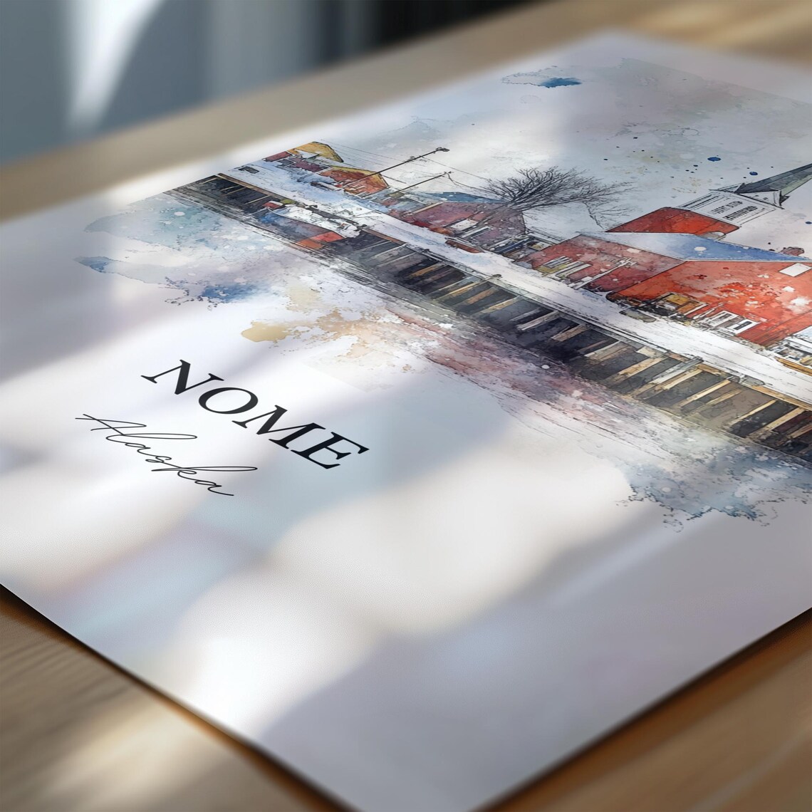 Nome Alaska Winter Harbor Red Church Snow Scene Watercolor Poster - Image 6