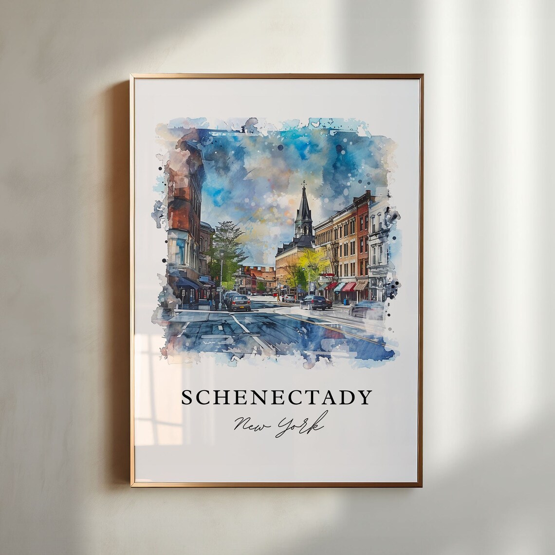 Schenectady New York Downtown Street Watercolor Travel Art Poster