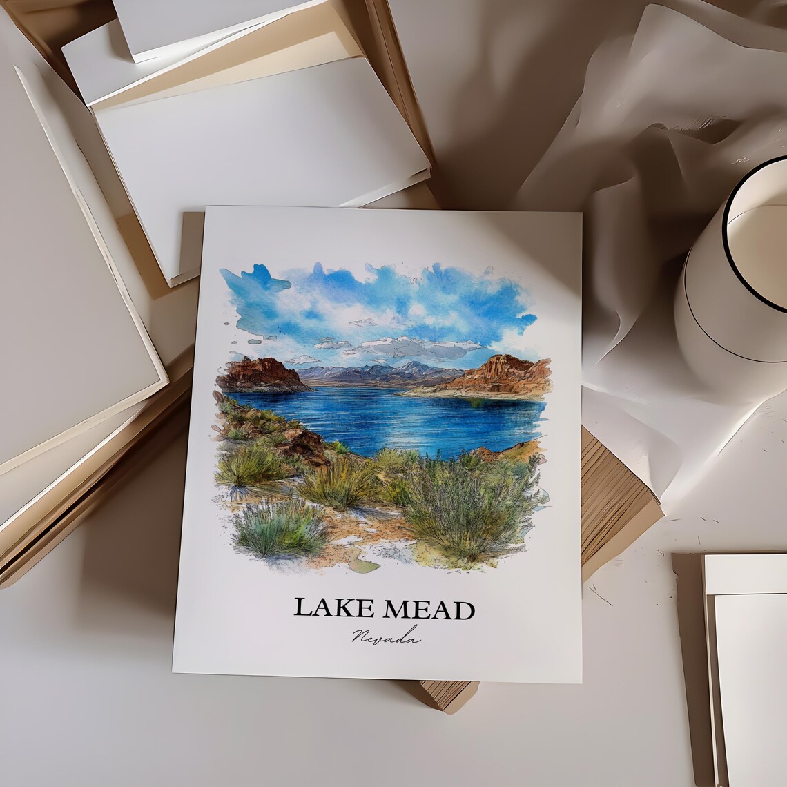 Lake Mead Nevada Watercolor Desert Lake Red Rock Scene Poster - Image 2