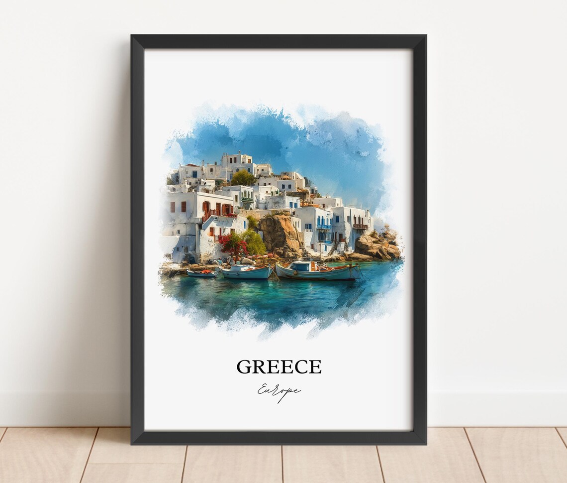 Greece Whitewashed Island Village Watercolor Fishing Boats Poster - Image 3