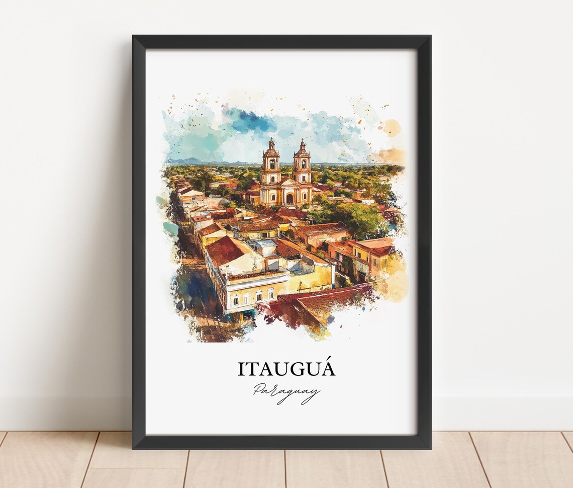 Itauguá Paraguay Watercolor Aerial Town Church Towers Poster - Image 3