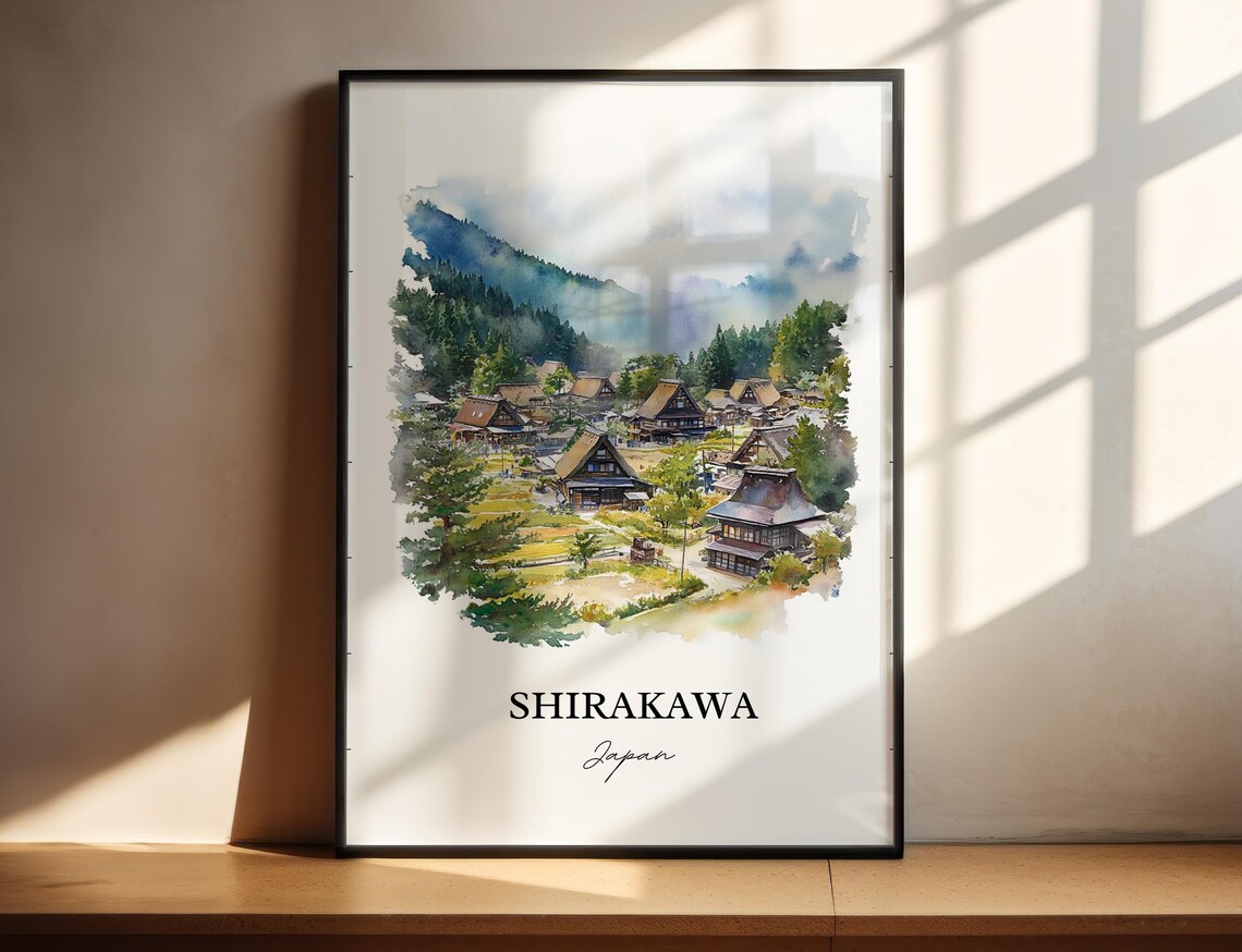 Shirakawa Japan Watercolor Thatched Roof Village Mountain Poster