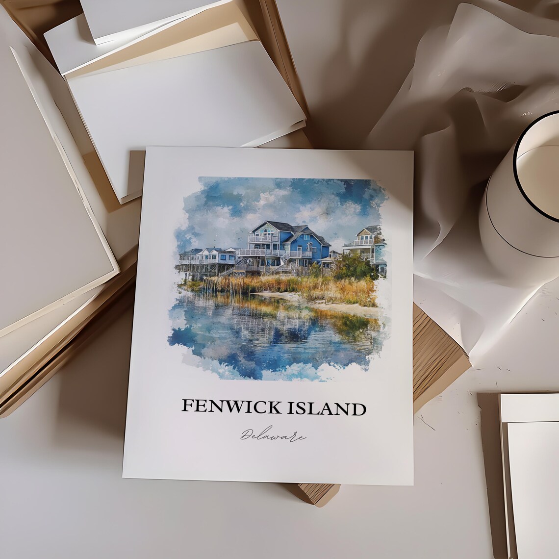 Fenwick Island Delaware Beach Houses Bayfront Watercolor Poster - Image 4