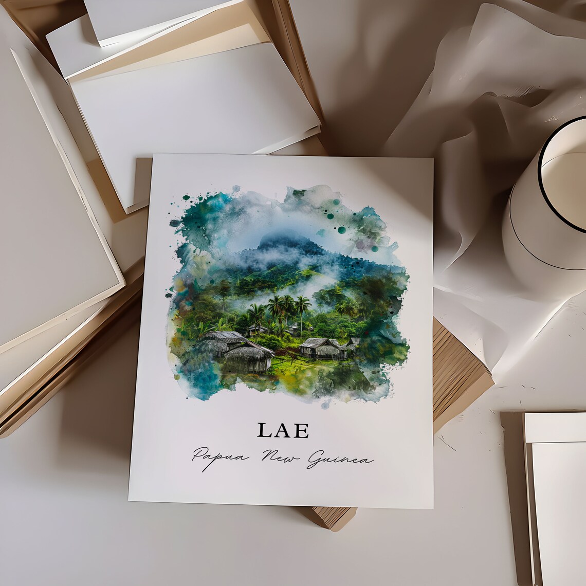 Lae Papua New Guinea Misty Jungle Village Watercolor Art Travel Poster - Image 6