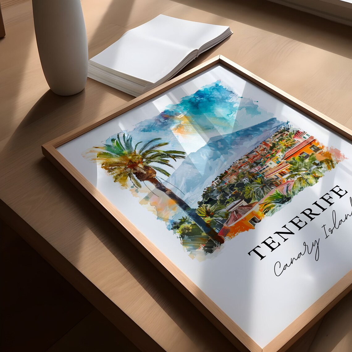 Tenerife Canary Islands Palm Volcano Watercolor Travel Poster - Image 5