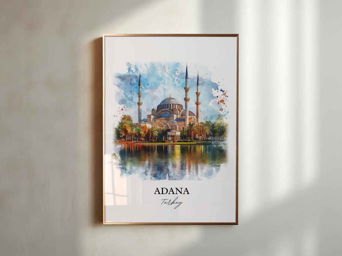 Adana Turkey Watercolor Grand Mosque Riverside Travel Poster - Image 6