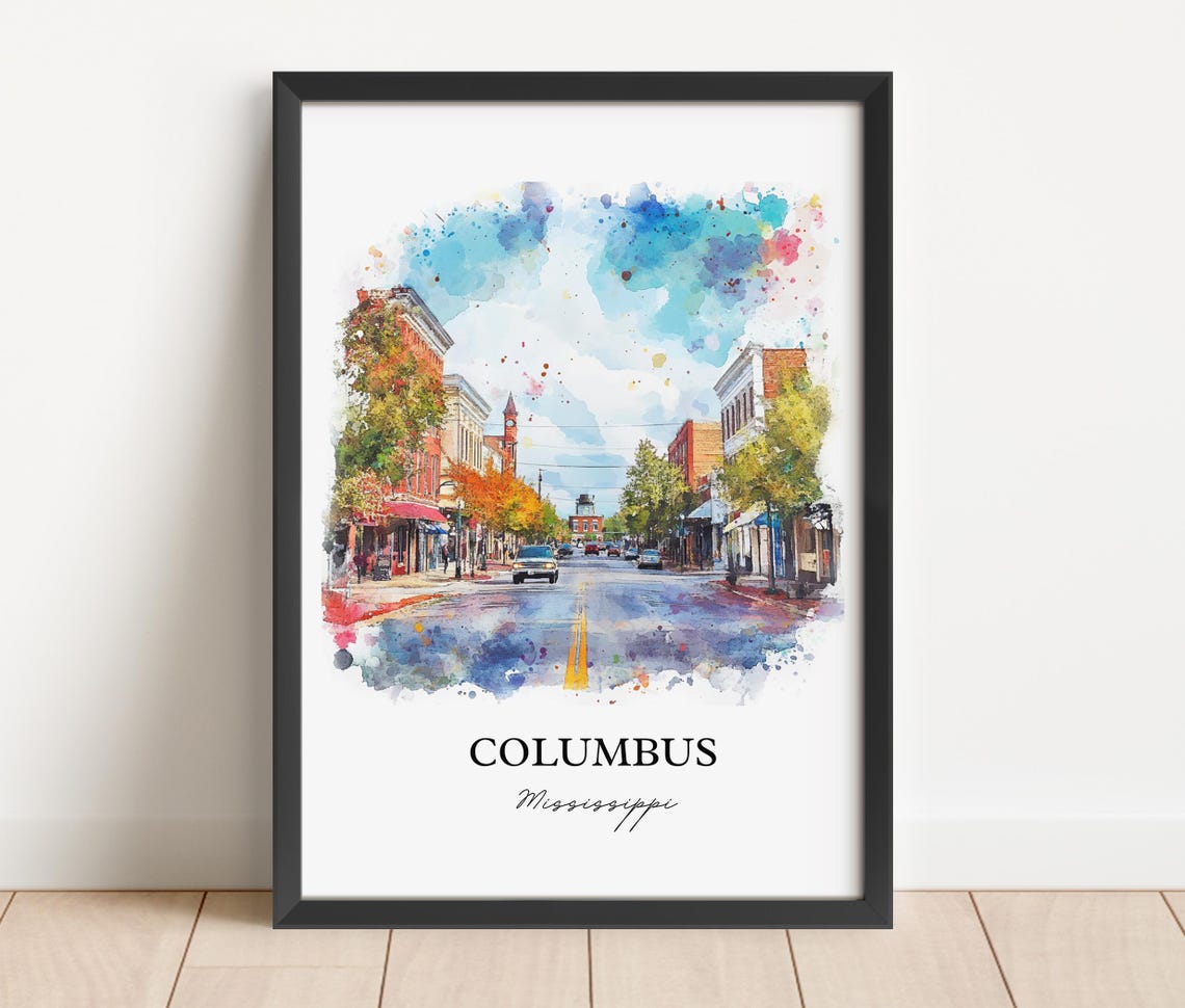 Columbus Mississippi Colorful Downtown Street Watercolor Poster - Image 2