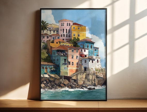 Salvador Bahia Brazil Colorful Cliffside Houses Watercolor Poster
