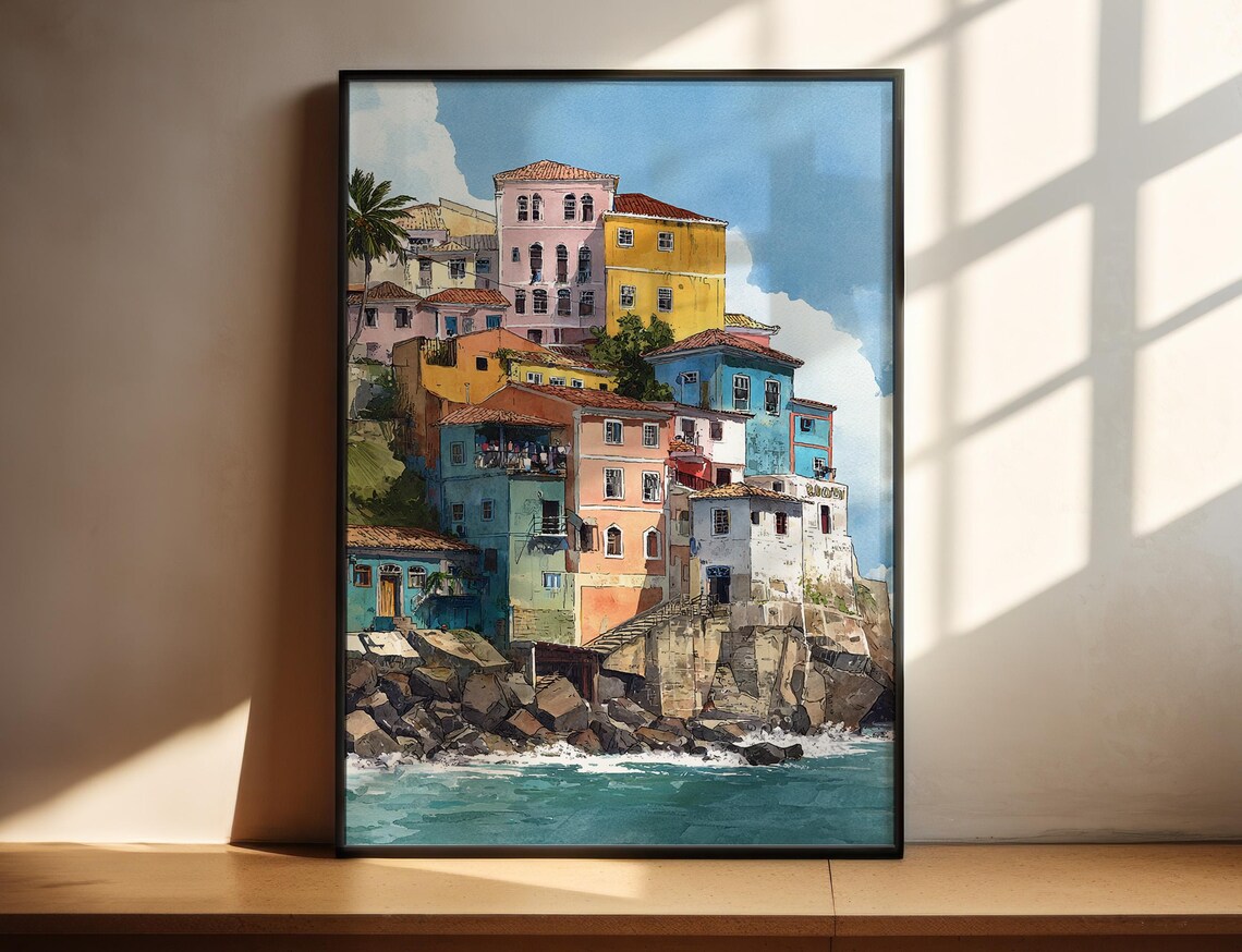 Salvador Bahia Brazil Colorful Cliffside Houses Watercolor Poster