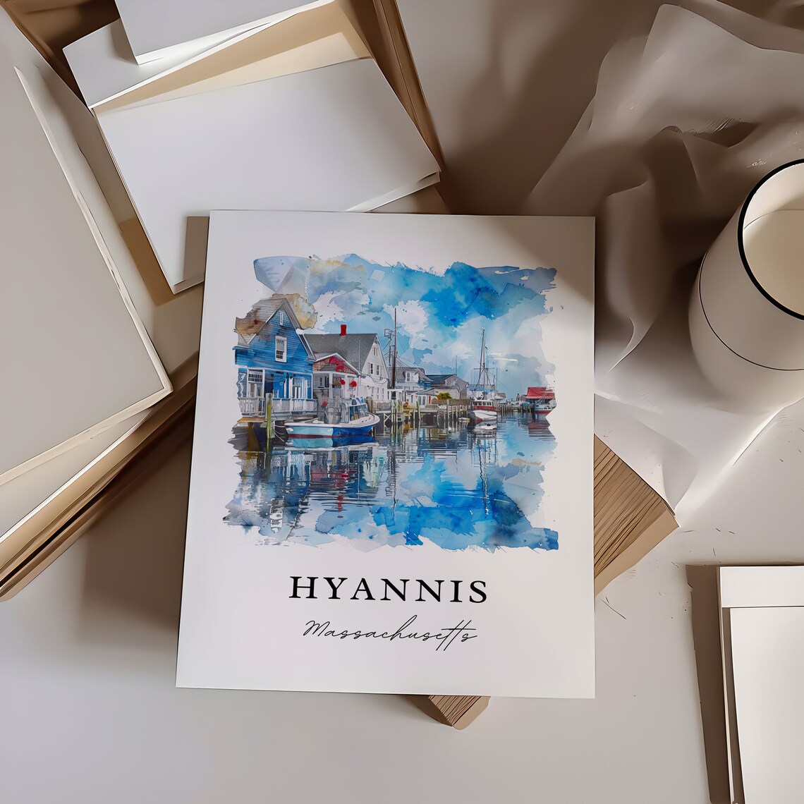 Hyannis Massachusetts Harbor Boats Watercolor Coastal Town Poster - Image 6