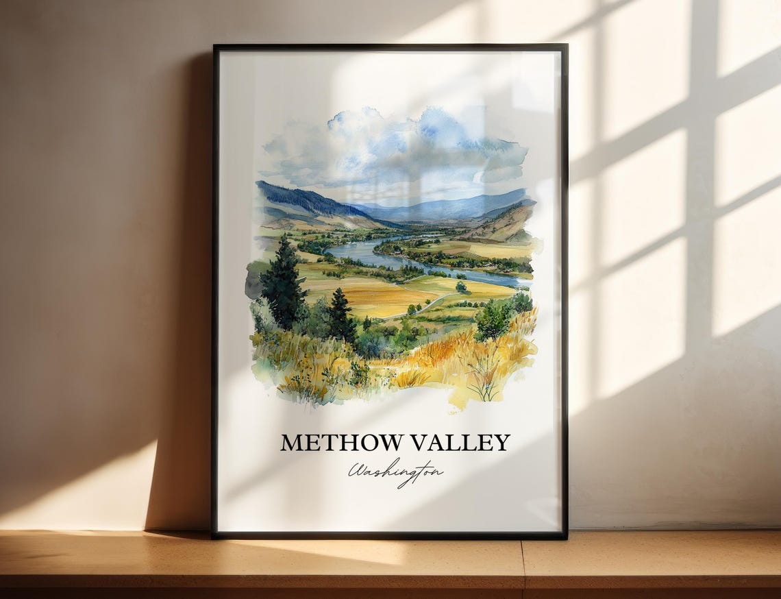Methow Valley Washington Golden Fields River Valley Watercolor Poster