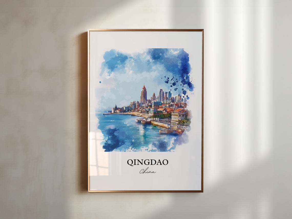 Qingdao China Watercolor Harbor Skyline Blue Sea View Poster - Image 6
