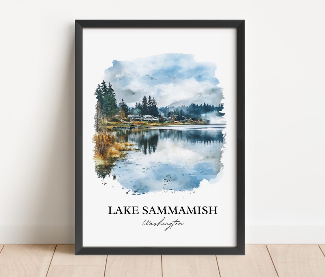 Lake Sammamish Washington Watercolor Calm Lake Reflection Scene Poster - Image 2