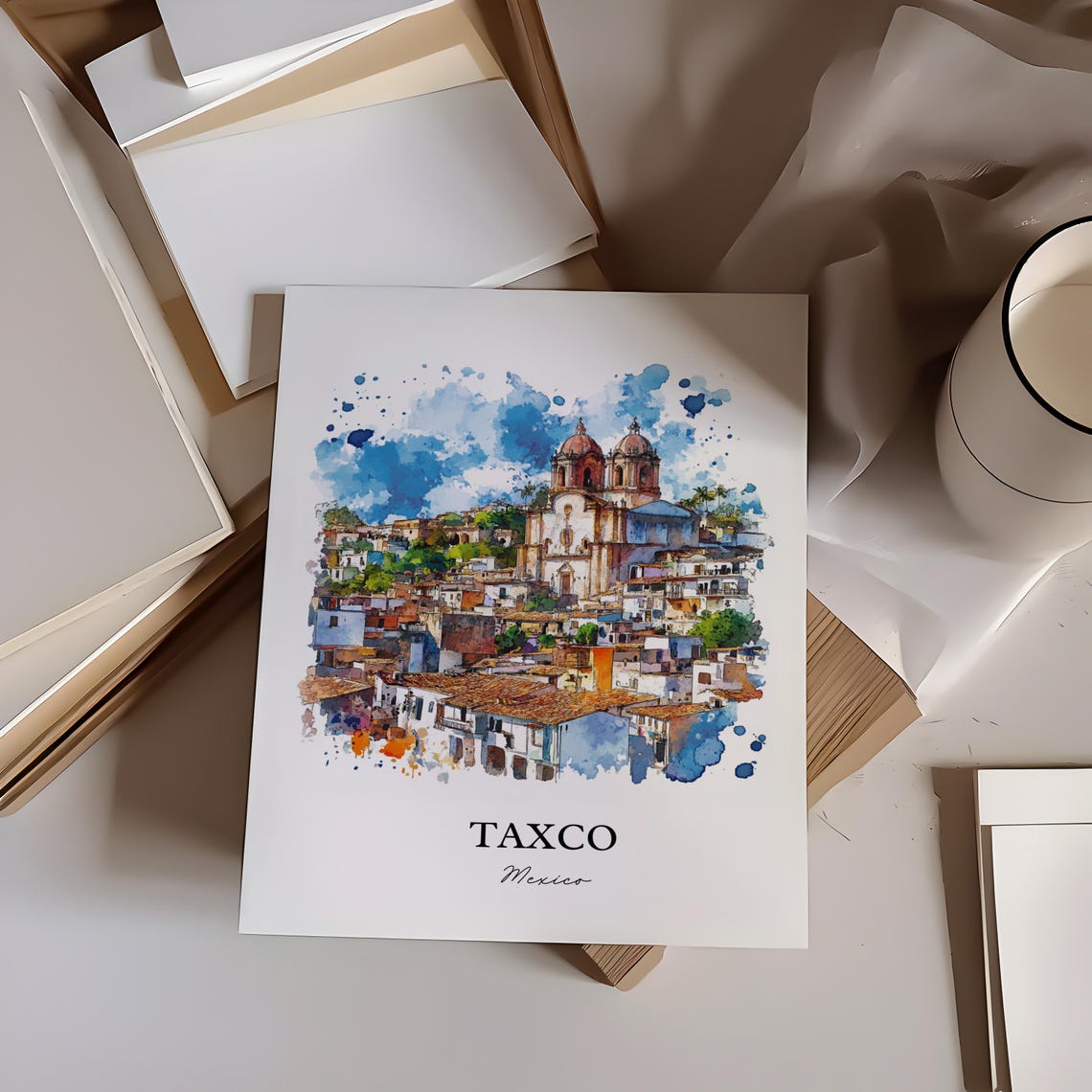 Taxco Mexico Colonial Hillside Town Twin Church Travel Poster - Image 2