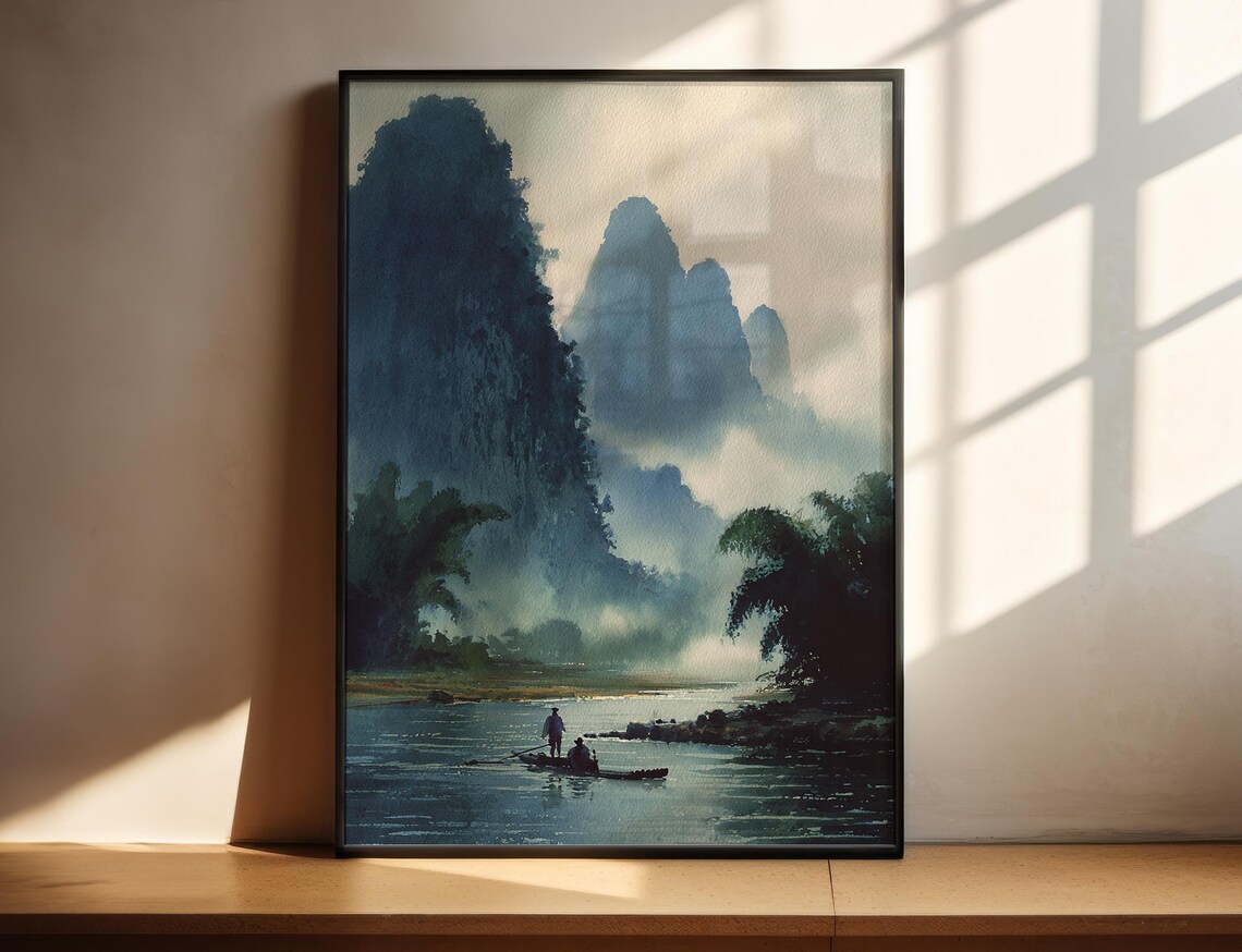 Guilin China Watercolor Misty Karst River Fisherman Travel Poster