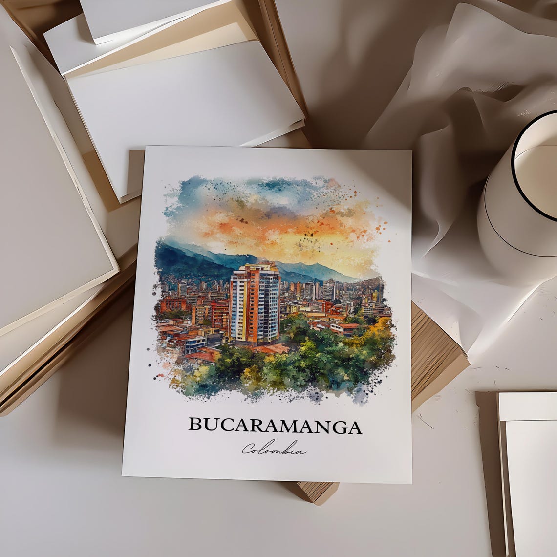 Bucaramanga Colombia Watercolor Sunset City Mountains Poster - Image 2