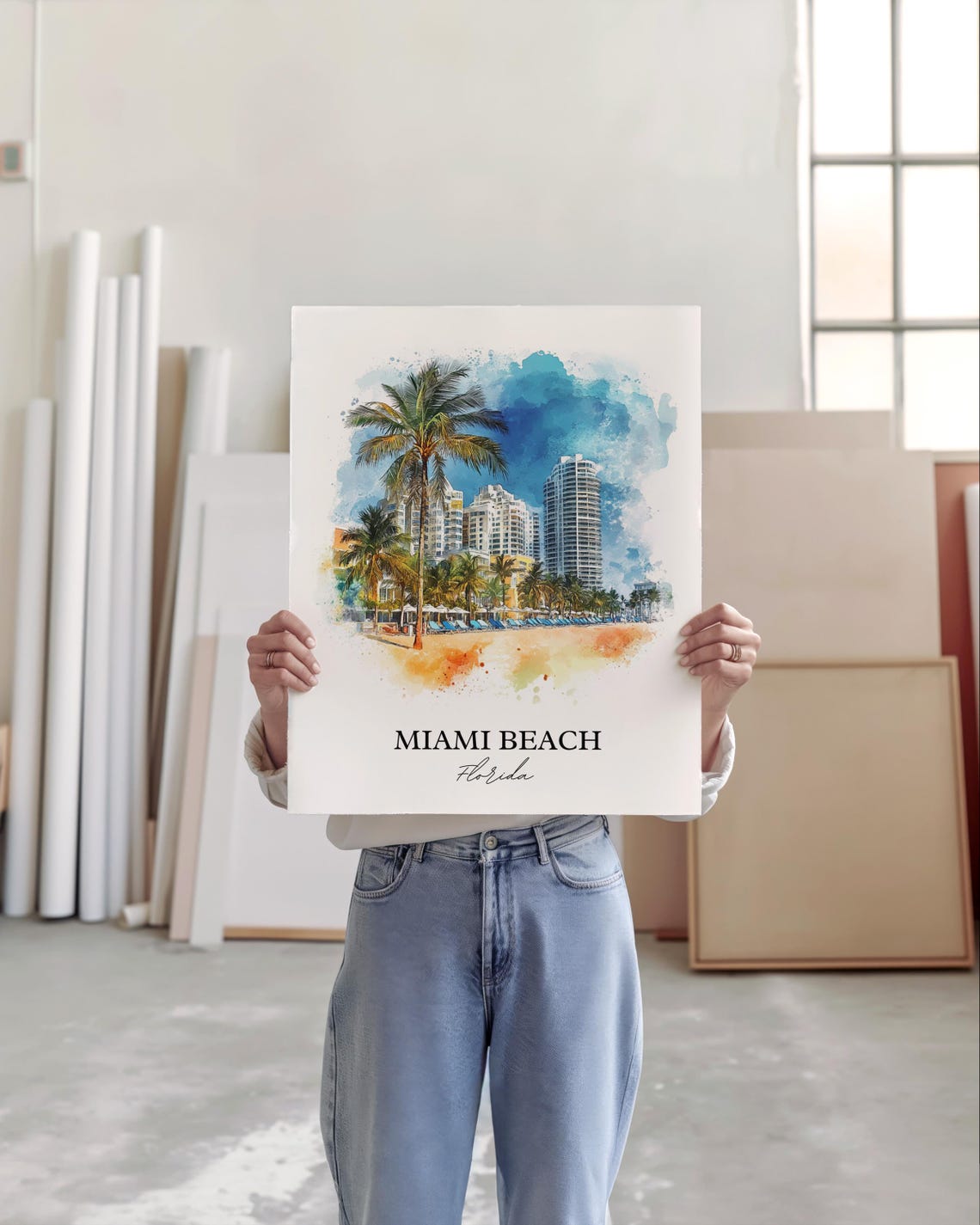 Miami Beach Florida Watercolor Palm Skyline Beach Scene Poster - Image 3