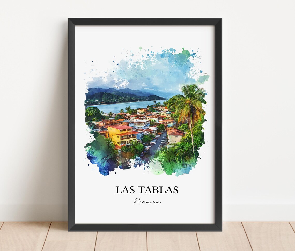 Las Tablas Panama Coastal Town Bay Palm Aerial Watercolor Poster - Image 2