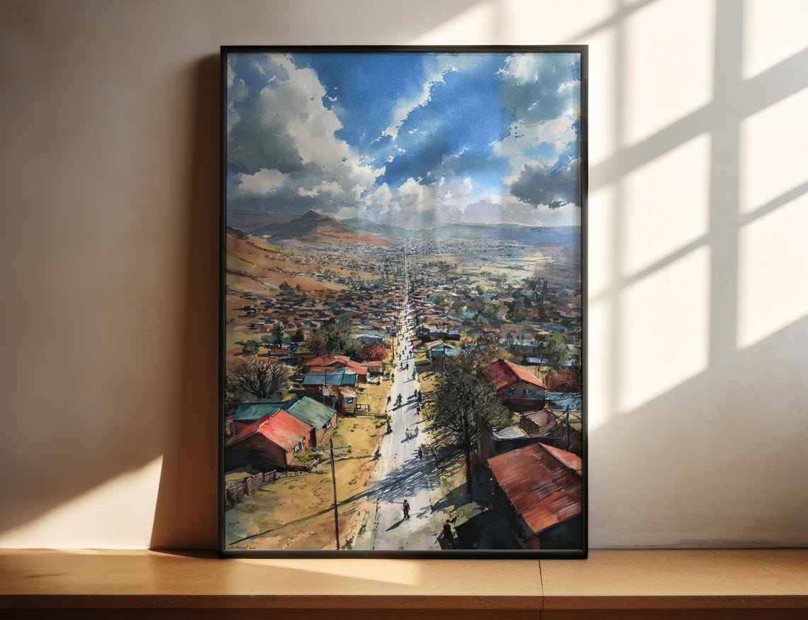 Hillside Town Watercolor Panoramic Mountain Valley Dramatic Sky Poster