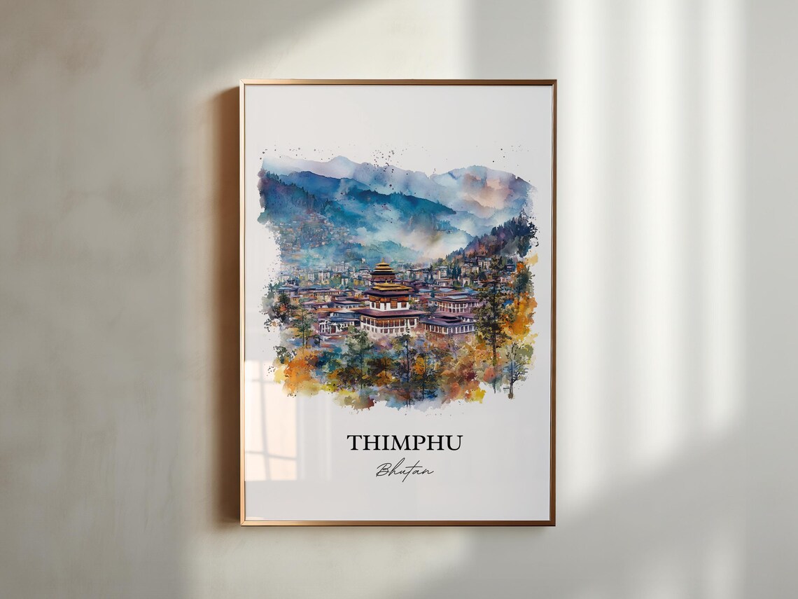 Thimphu Bhutan Watercolor Capital City Valley Dzong View Poster - Image 5