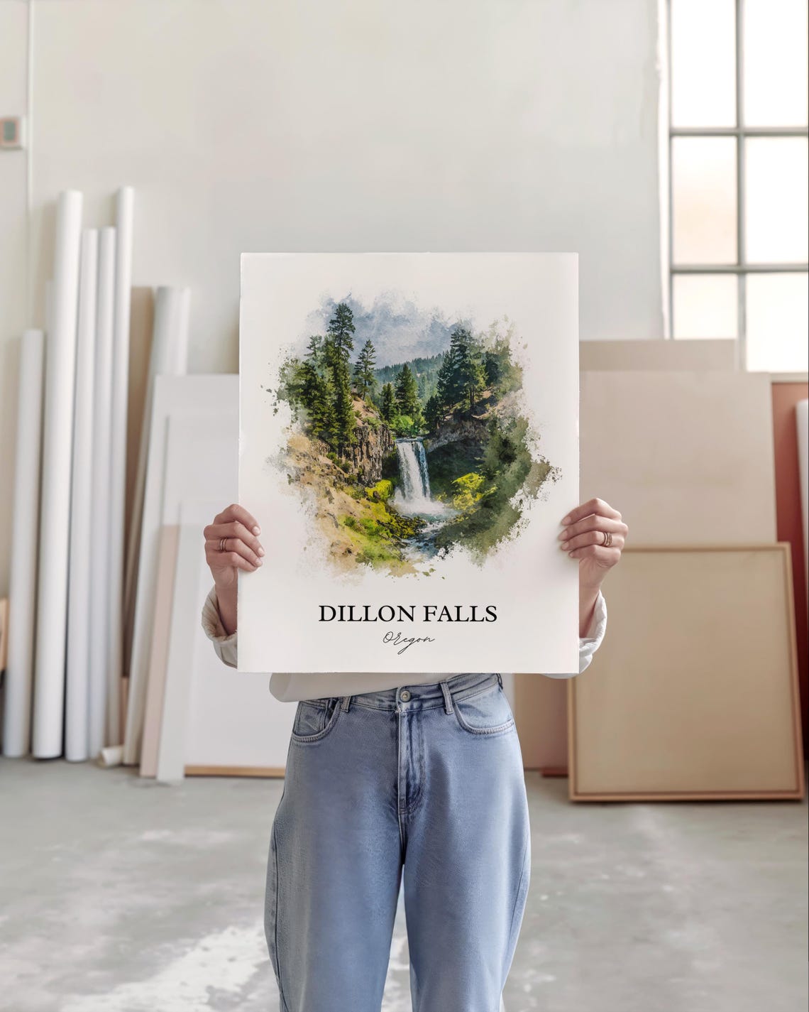 Dillon Falls Oregon Forest Waterfall Watercolor Nature Poster - Image 4