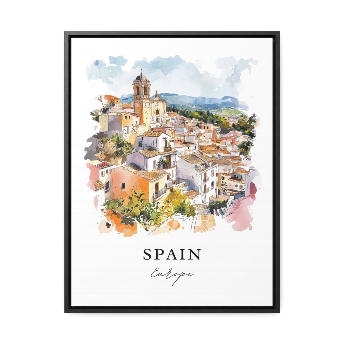 Spain Europe White Hilltop Village Watercolor Old Town Poster - Image 3