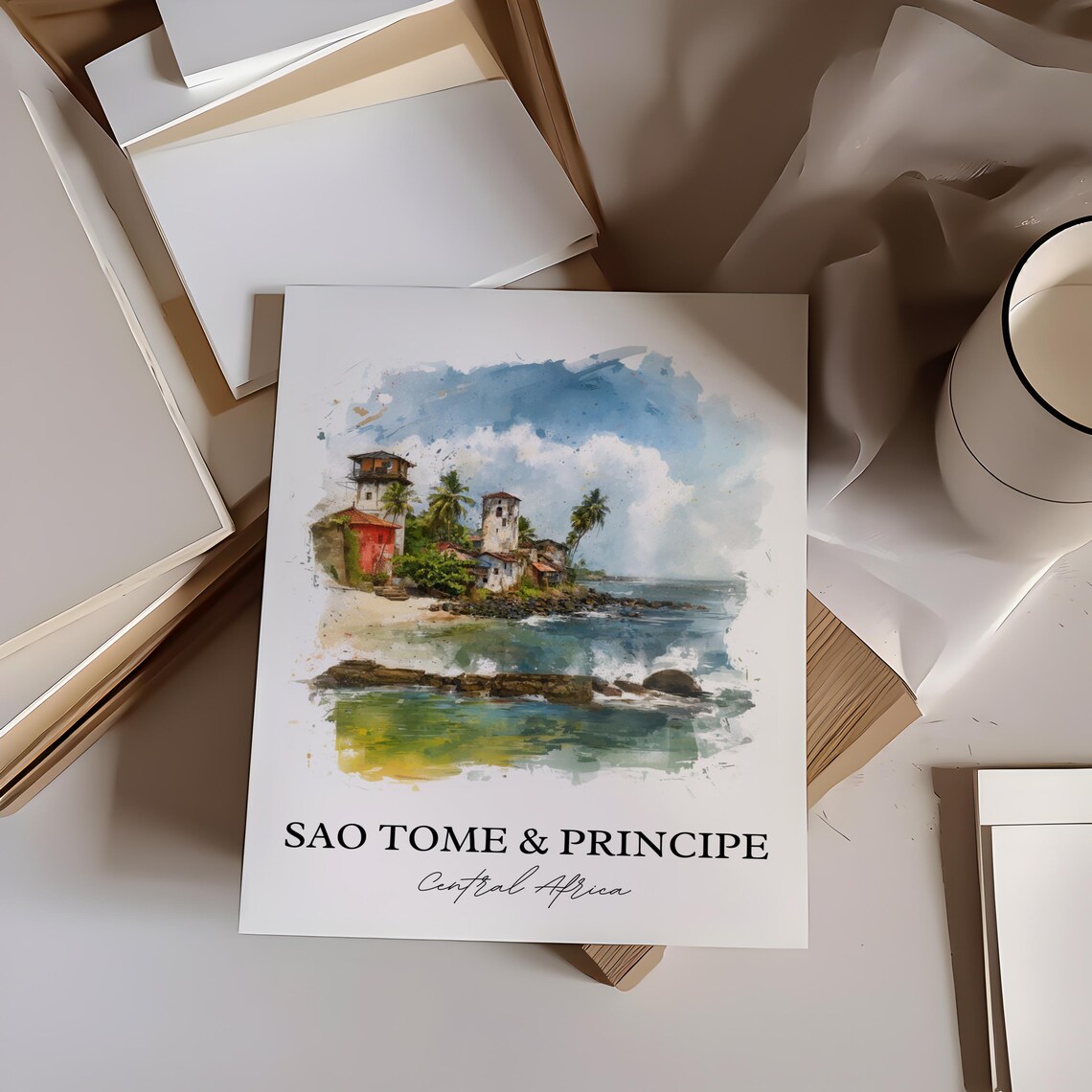 Sao Tome and Principe Central Africa Coastline Watercolor Poster - Image 2