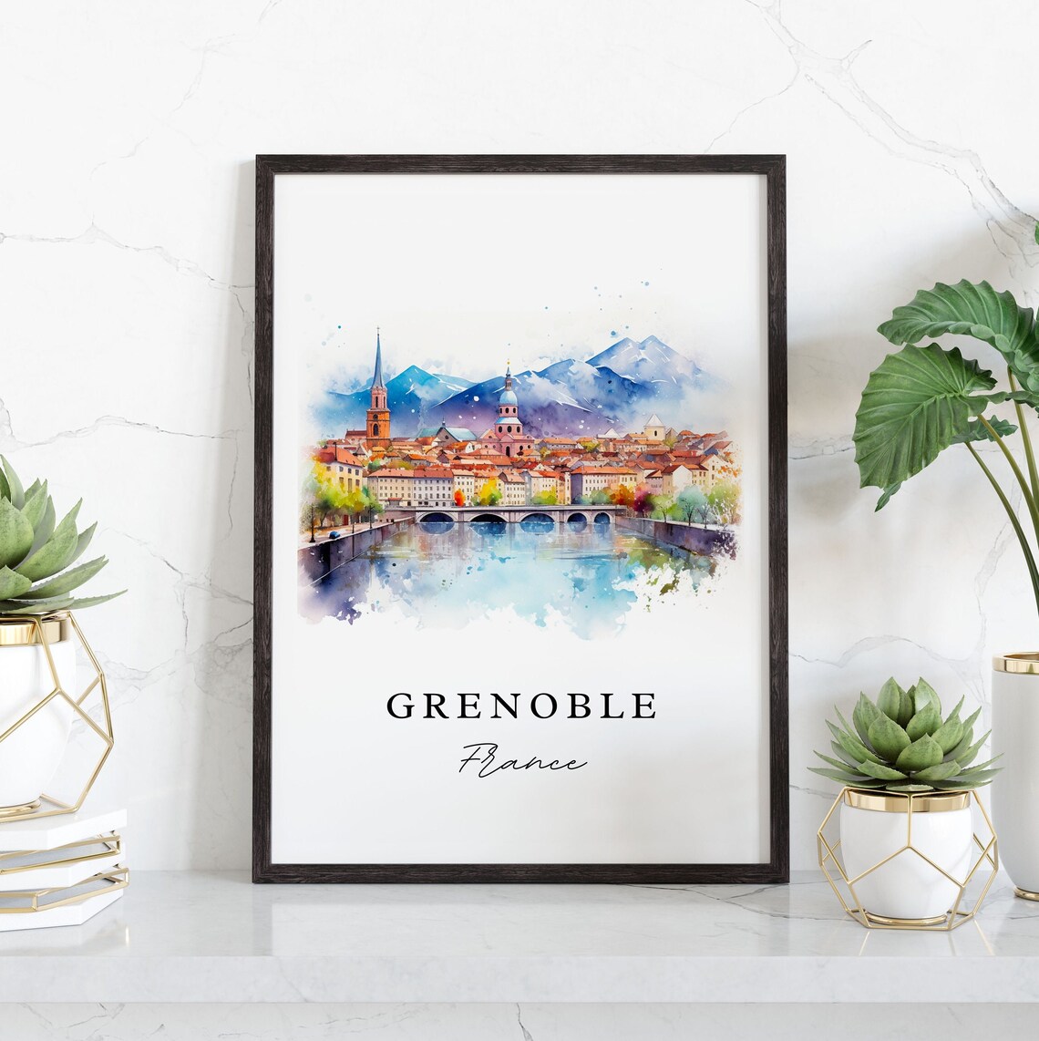 Grenoble France Alpine Mountain Cityscape Watercolor River Poster - Image 3