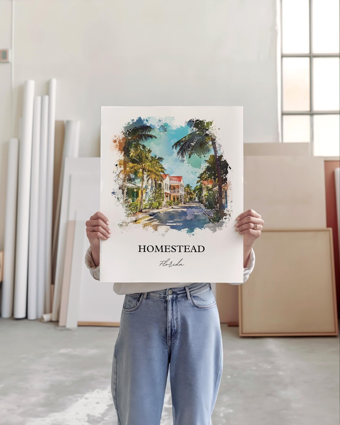 Homestead Florida Historic Palm Lined Street Watercolor Travel Poster - Image 4