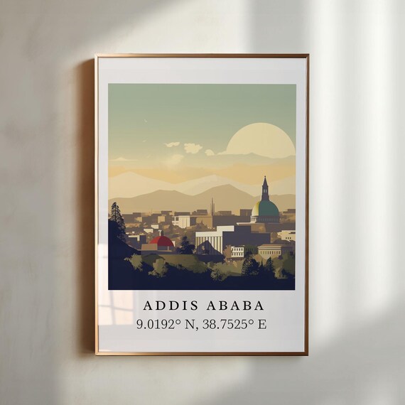 Addis Ababa Ethiopia Sunset Skyline Coordinates Travel Poster
