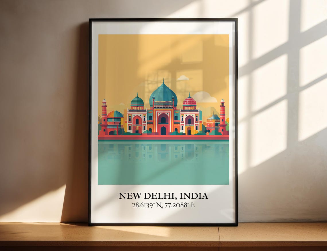 New Delhi India Mughal Domed Tombs Reflection Retro Travel Poster