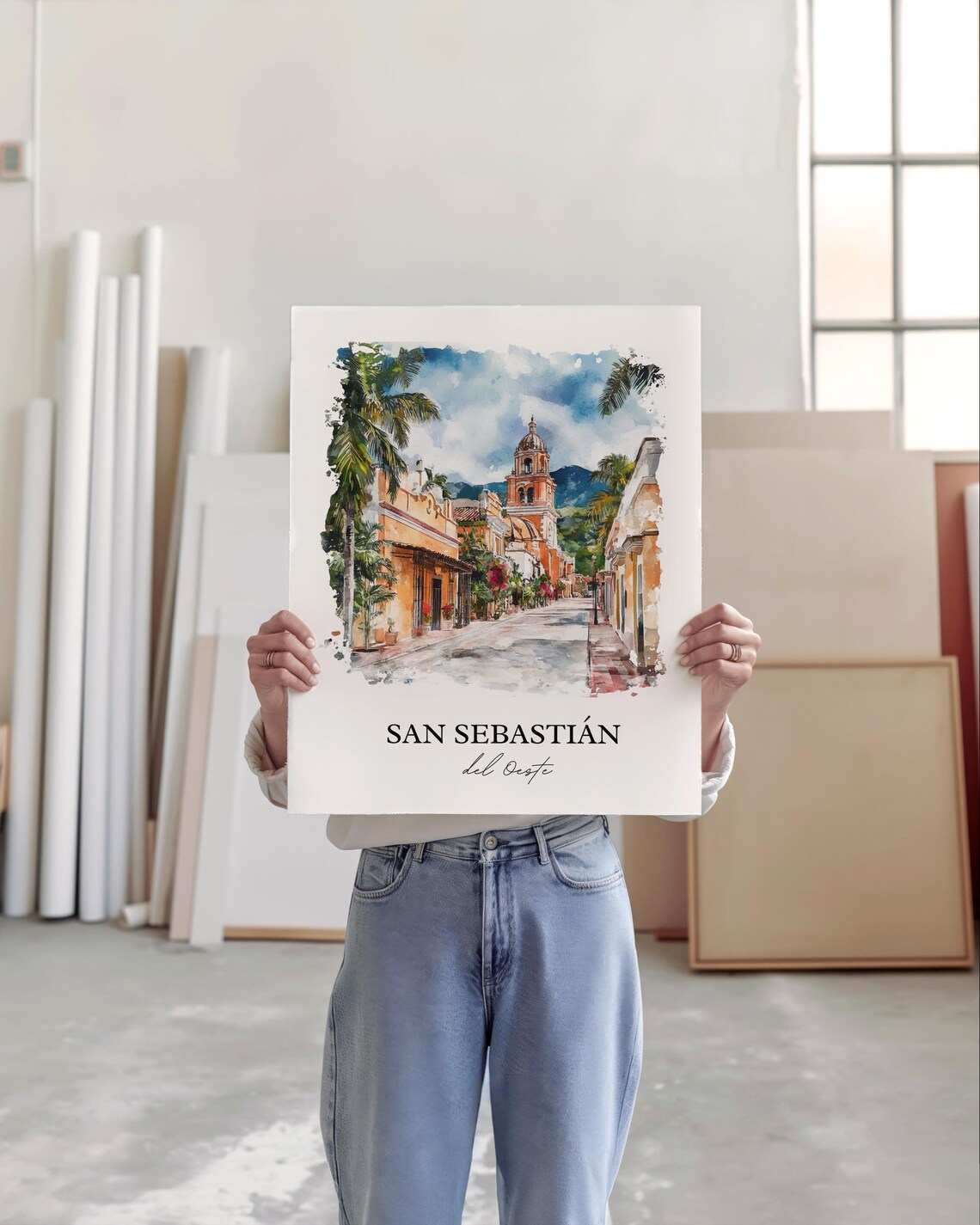 San Sebastian del Oeste Mexico Palm Street Church Watercolor Poster - Image 2