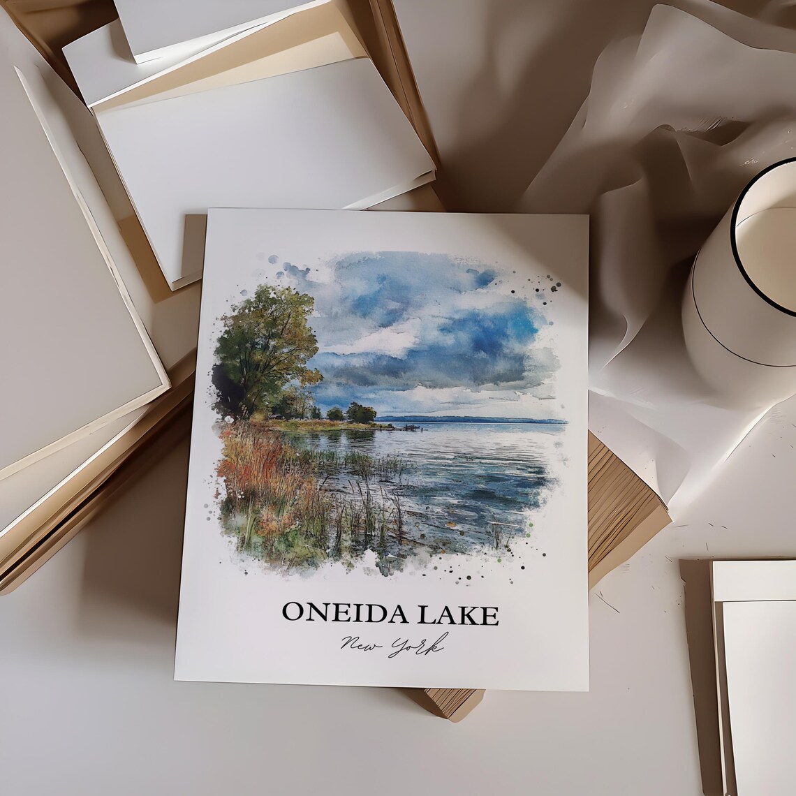 Oneida Lake New York Grassy Lakeshore Watercolor Lake Poster - Image 3