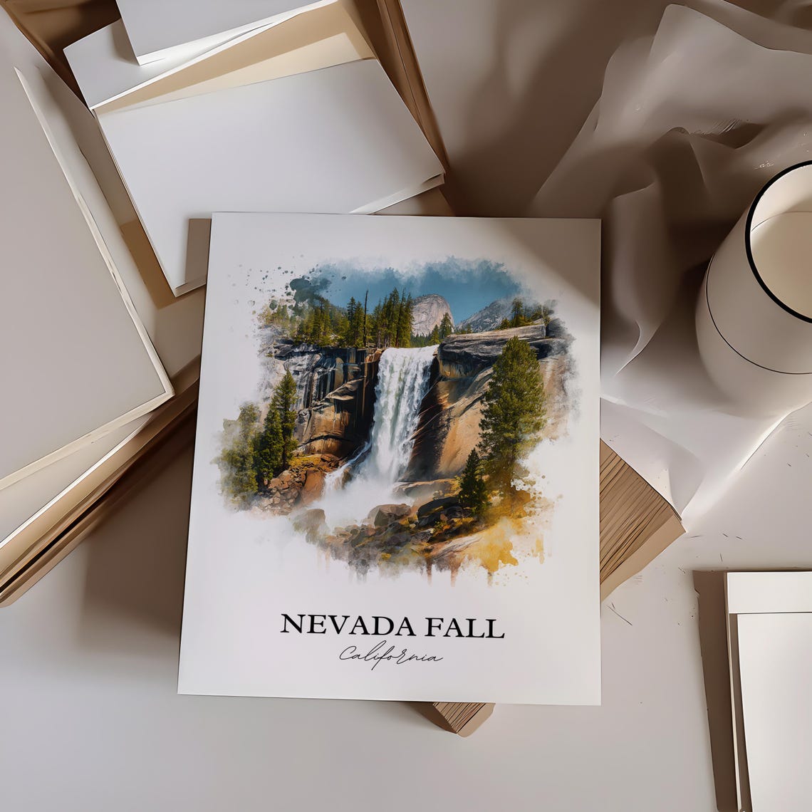 Nevada Fall California Granite Cliff Wide Waterfall Watercolor Poster - Image 4